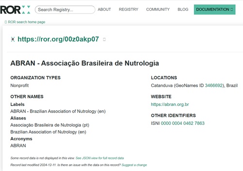 ABRAN é a primeira instituição de ensino e pesquisa em Nutrologia do Brasil com reconhecimento global no ROR